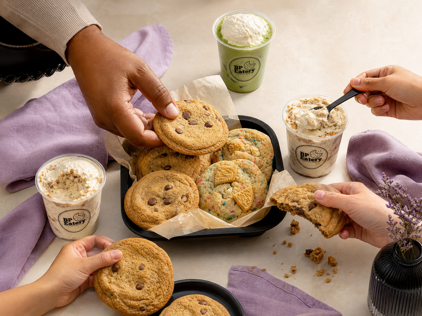 Assorted BP Eatery cookies with pudding cups
